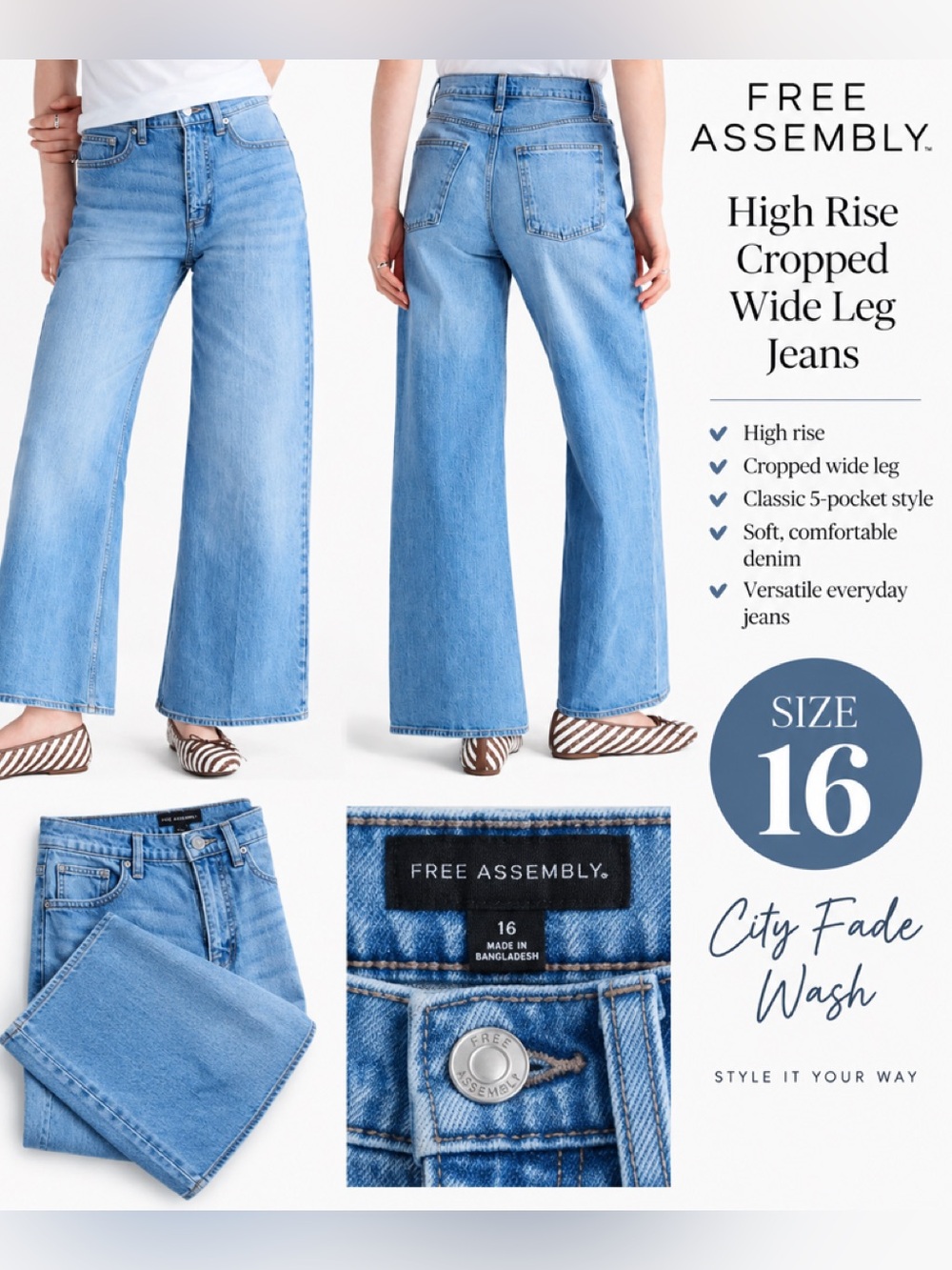 NWT Free Assembly High-Rise Cropped Wide Leg Jeans — City Fade Blue